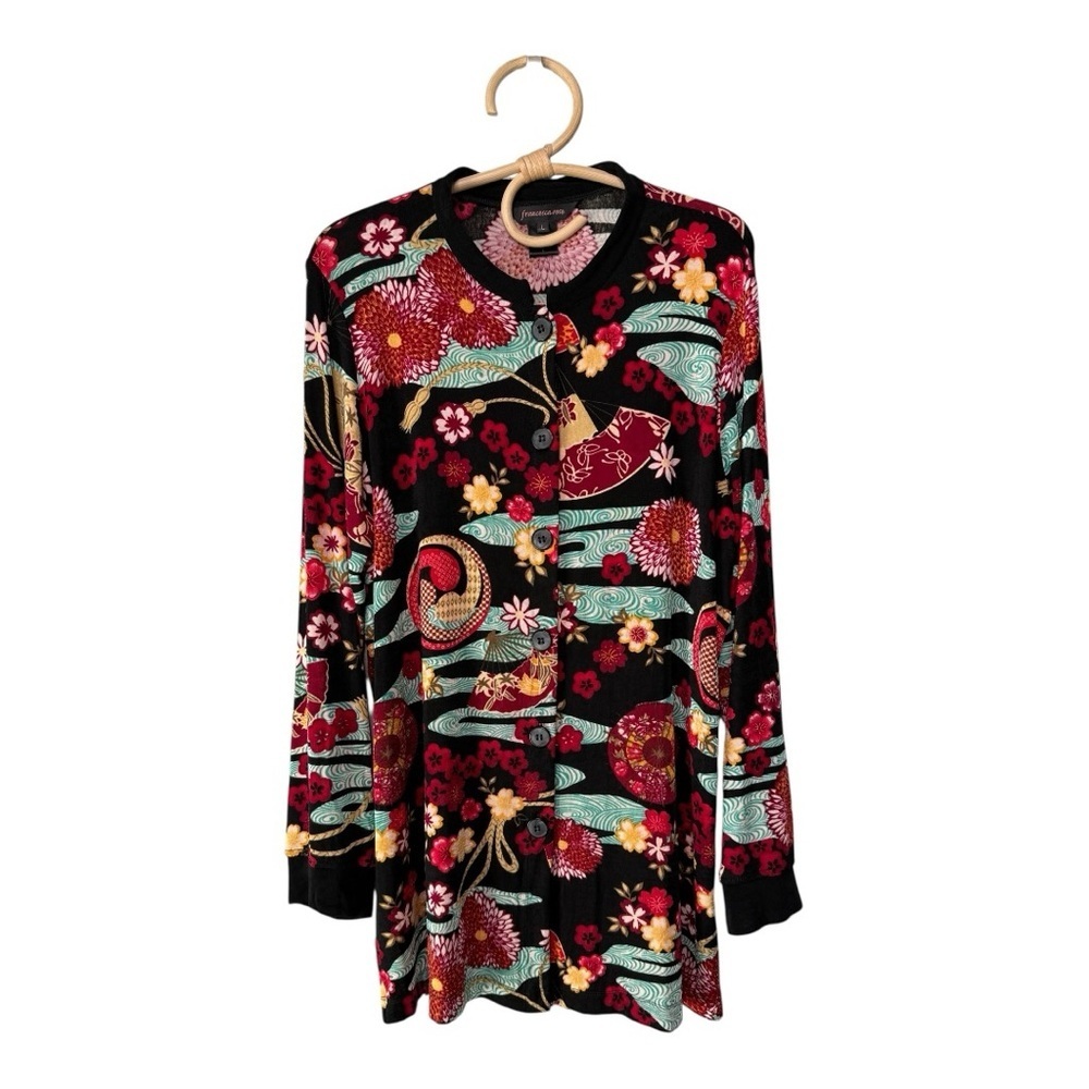 Y2K Vintage Art to Wear  Rose Asian Black Multi Color Stretch Jacket Button
